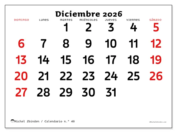 Calendario de diciembre de 2026 para imprimir - Visión clara - Semana: de domingo a sábado