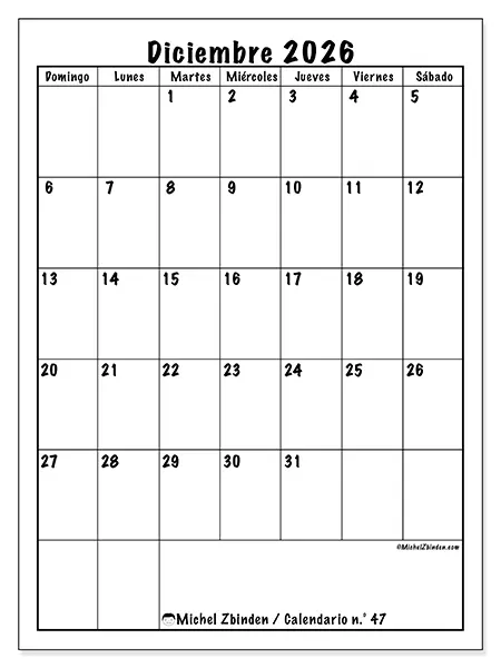 Calendario de diciembre de 2026 para imprimir - Planificación eficiente - Semana: de domingo a sábado