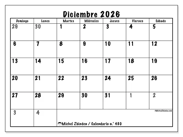 Calendario de diciembre de 2026 para imprimir - Planificación completa - Semana: de domingo a sábado