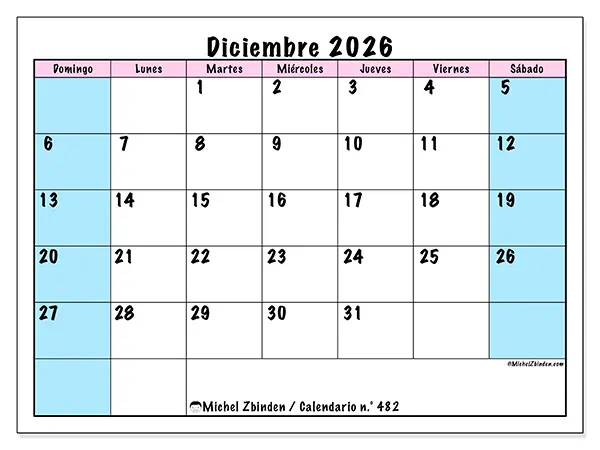 Calendario de diciembre de 2026 para imprimir - Horario de equipo - Semana: de domingo a sábado