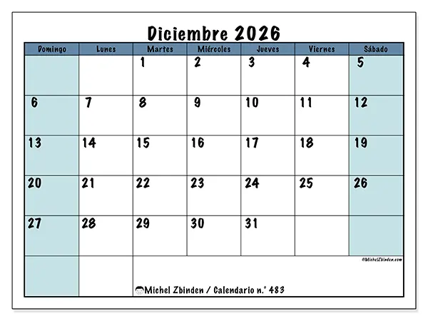 Calendario de diciembre de 2026 para imprimir - Estructura para la escuela - Semana: de domingo a sábado