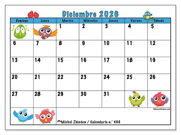 Calendario de diciembre de 2026 para imprimir - Pájaros divertidos - Semana: de domingo a sábado