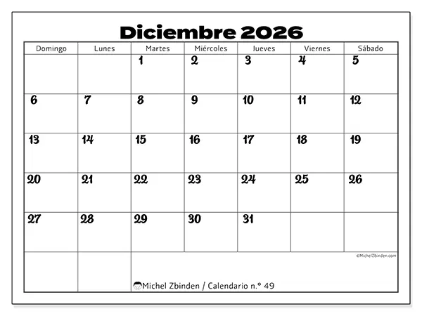 Calendario de diciembre de 2026 para imprimir - Coordinación productiva - Semana: de domingo a sábado