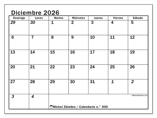 Calendario de diciembre de 2026 para imprimir - Planificación intensiva - Semana: de domingo a sábado