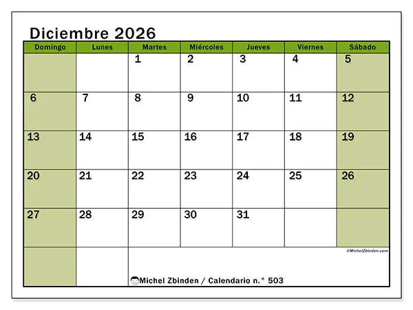Calendario de diciembre de 2026 para imprimir - Organización viva - Semana: de domingo a sábado