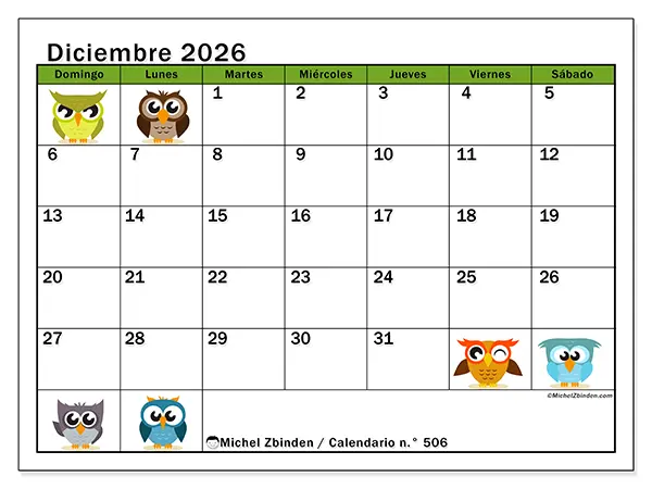 Calendario de diciembre de 2026 para imprimir - Búhos divertidos - Semana: de domingo a sábado