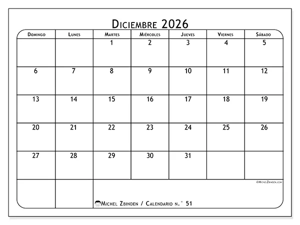 Calendario de diciembre de 2026 para imprimir - Planificador de comidas - Semana: de domingo a sábado
