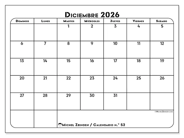 Calendario de diciembre de 2026 para imprimir - Organización profesional - Semana: de domingo a sábado