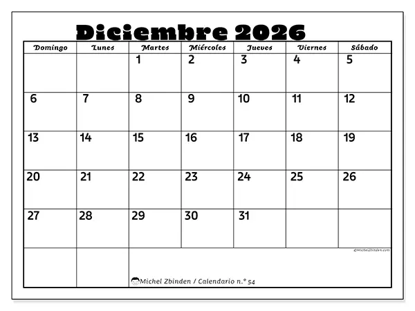 Calendario de diciembre de 2026 para imprimir - Actividades en familia - Semana: de domingo a sábado