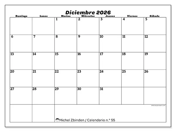 Calendario de diciembre de 2026 para imprimir - Organización del ocio - Semana: de domingo a sábado