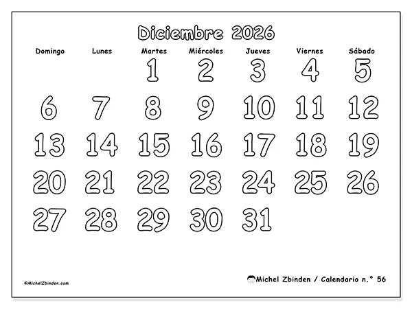 Calendario de diciembre de 2026 para imprimir - Colorear útil - Semana: de domingo a sábado