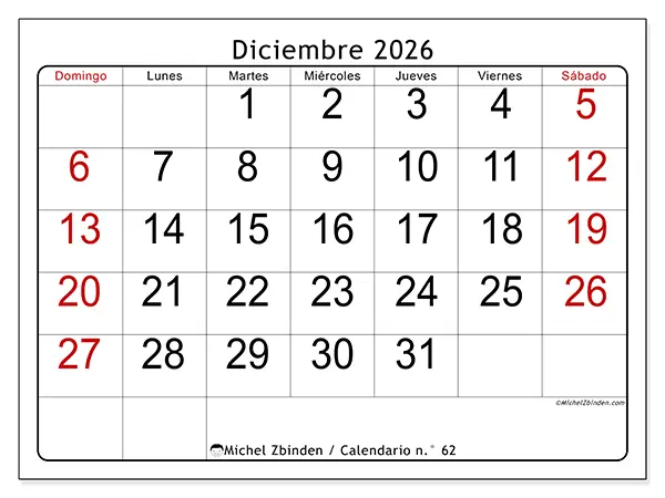 Calendario de diciembre de 2026 para imprimir - Lectura rápida - Semana: de domingo a sábado