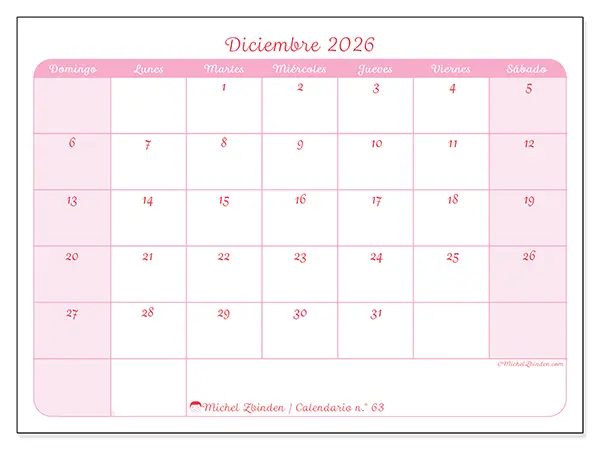 Calendario de diciembre de 2026 para imprimir - Organización en suavidad - Semana: de domingo a sábado