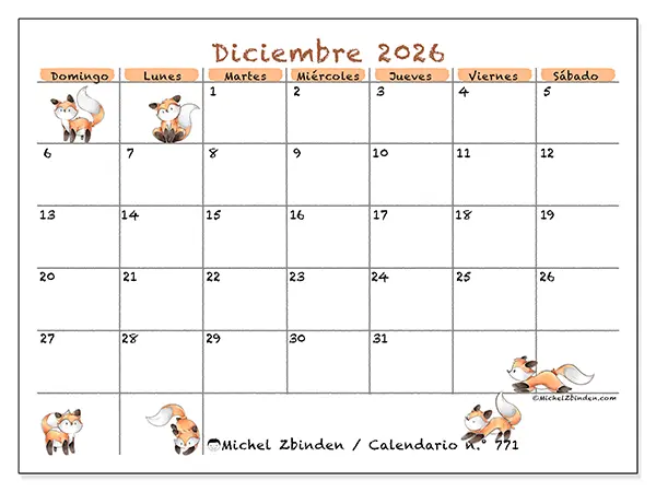 Calendario de diciembre de 2026 para imprimir - Dibujos de zorros - Semana: de domingo a sábado