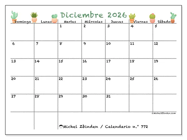 Calendario de diciembre de 2026 para imprimir - Cactus decorativos - Semana: de domingo a sábado