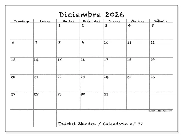 Calendario de diciembre de 2026 para imprimir - Escuela y familia - Semana: de domingo a sábado