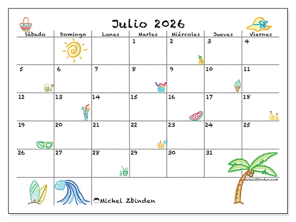 Calendario de julio de 2026 para imprimir - Vacaciones soleadas - Semana: de domingo a sábado