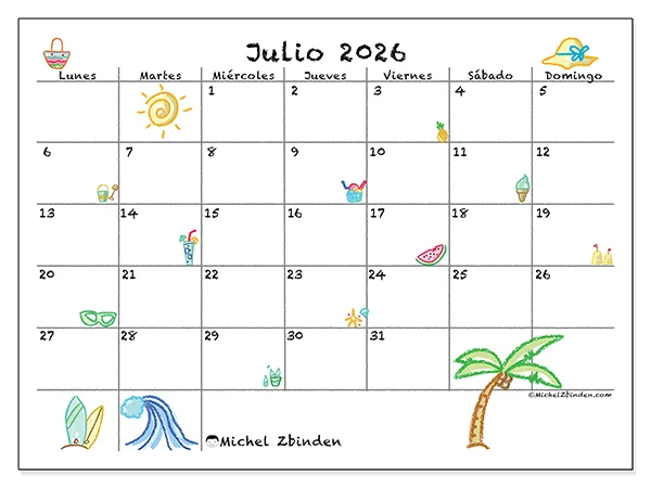Calendario de julio de 2026 para imprimir - Vacaciones soleadas