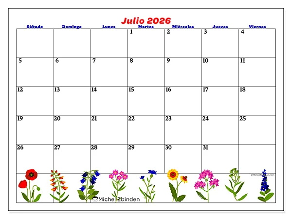 Calendario de julio de 2026 para imprimir - Flores de julio - Semana: de domingo a sábado