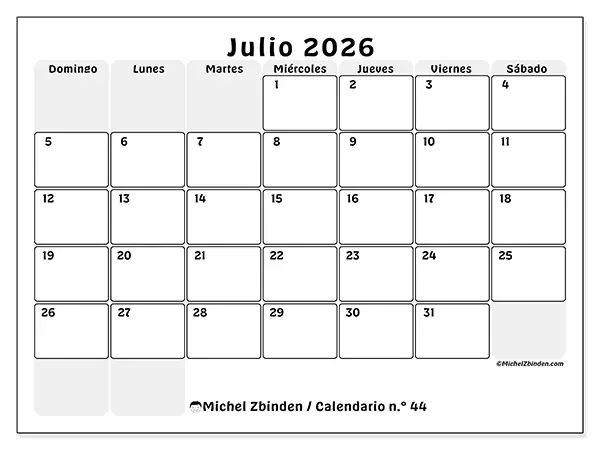 Calendario de julio de 2026 para imprimir - Planificación estructurada - Semana: de domingo a sábado