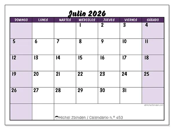 Calendario de julio de 2026 para imprimir - Eficiencia colorida - Semana: de domingo a sábado