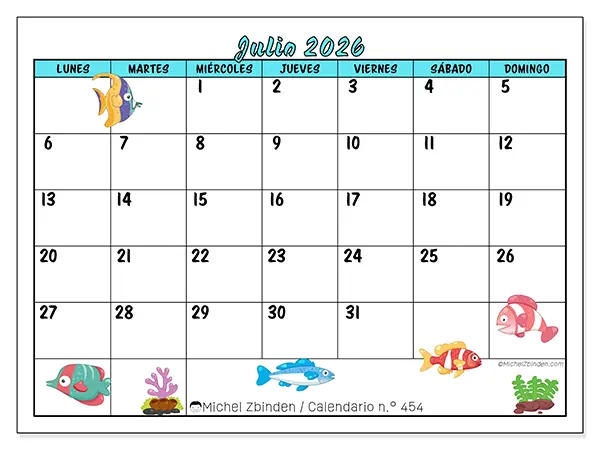Calendario de julio de 2026 para imprimir - Peces coloridos