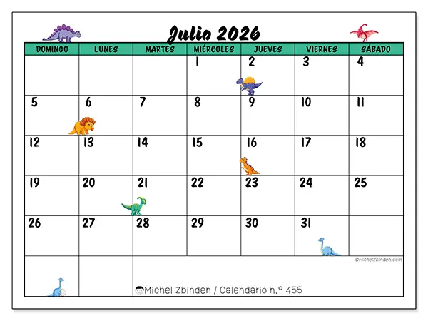 Calendario de julio de 2026 para imprimir - Pequeños dinosaurios - Semana: de domingo a sábado
