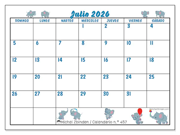 Calendario de julio de 2026 para imprimir - Pequeños elefantes - Semana: de domingo a sábado