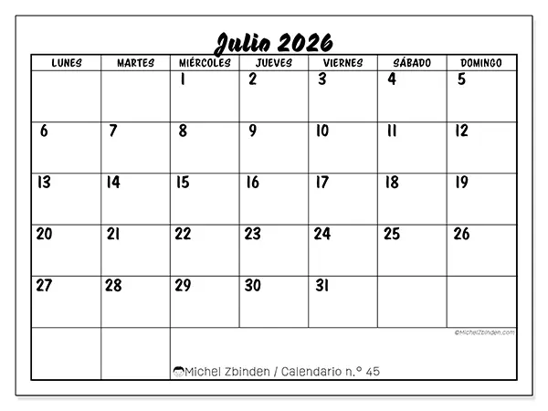 Calendario de julio de 2026 para imprimir - Éxito escolar