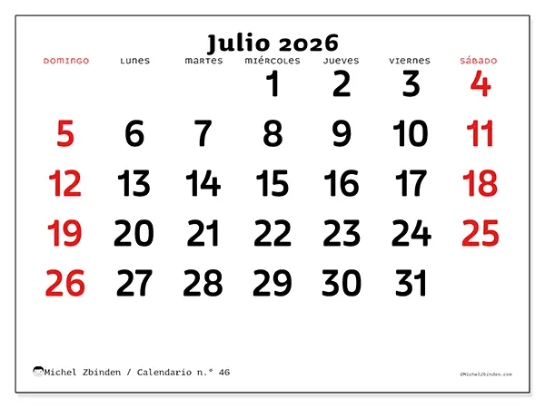 Calendario de julio de 2026 para imprimir - Visión clara - Semana: de domingo a sábado