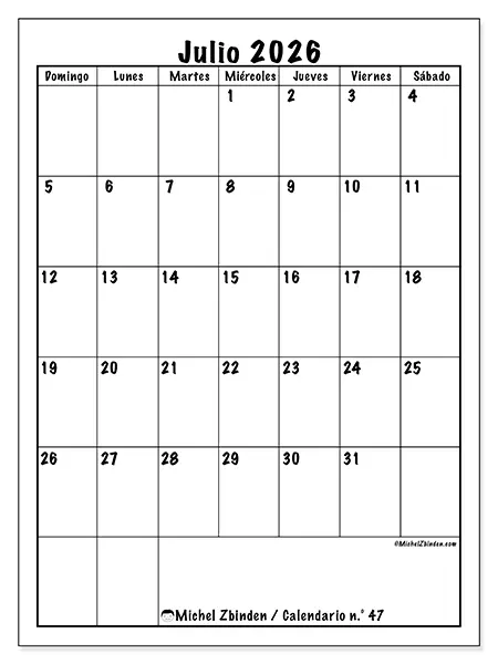 Calendario de julio de 2026 para imprimir - Planificación eficiente - Semana de domingo a sábado