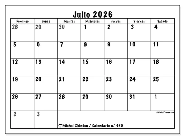 Calendario de julio de 2026 para imprimir - Planificación completa - Semana: de domingo a sábado