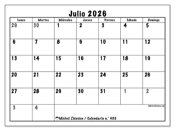 Calendario de julio de 2026 para imprimir - Planificación completa