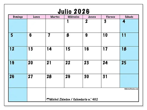 Calendario de julio de 2026 para imprimir - Horario de equipo - Semana: de domingo a sábado