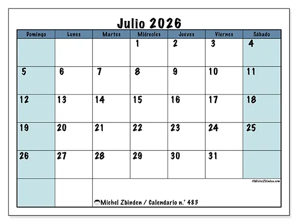 Calendario de julio de 2026 para imprimir - Estructura para la escuela - Semana: de domingo a sábado