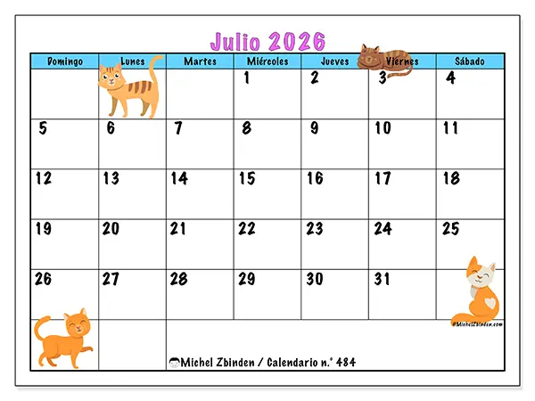Calendario de julio de 2026 para imprimir - Amor por los gatos - Semana: de domingo a sábado