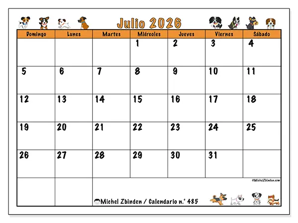 Calendario de julio de 2026 para imprimir - Perros entusiastas - Semana de domingo a sábado