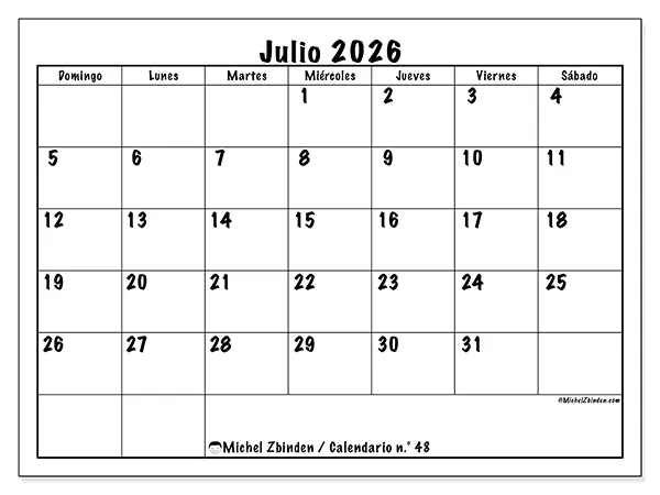 Calendario de julio de 2026 para imprimir - Eficiencia diaria - Semana: de domingo a sábado