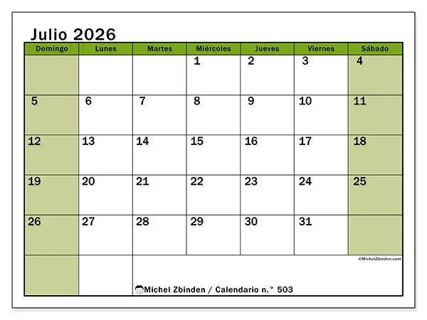 Calendario de julio de 2026 para imprimir - Organización viva - Semana: de domingo a sábado