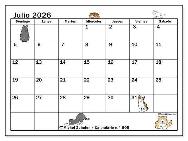 Calendario de julio de 2026 para imprimir - Vida de gato - Semana: de domingo a sábado