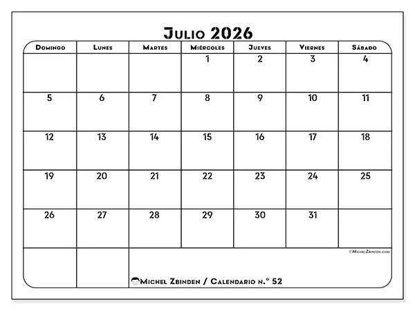 Calendario de julio de 2026 para imprimir - Organización profesional - Semana: de domingo a sábado