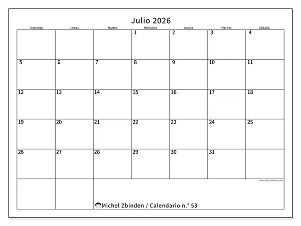 Calendario de julio de 2026 para imprimir - Horario eficiente - Semana: de domingo a sábado