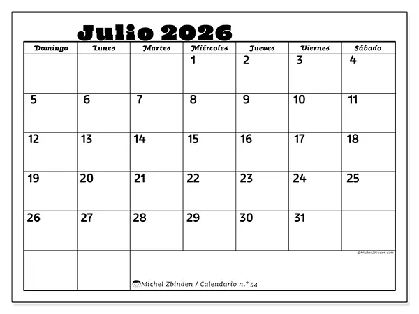Calendario de julio de 2026 para imprimir - Actividades en familia - Semana: de domingo a sábado