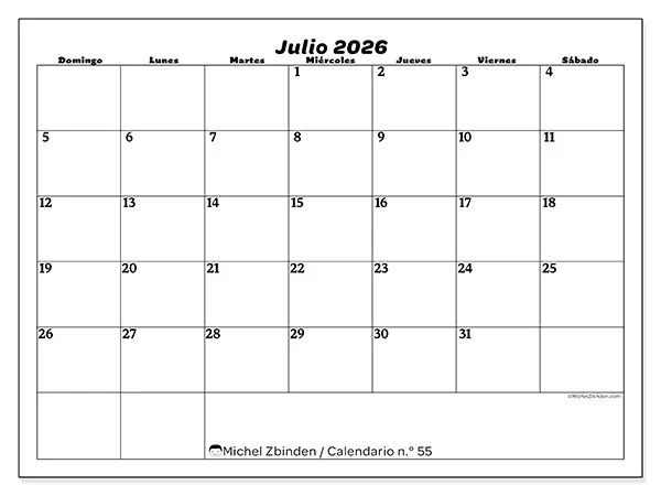 Calendario de julio de 2026 para imprimir - Organización del ocio - Semana: de domingo a sábado