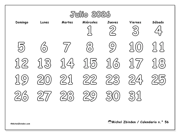 Calendario de julio de 2026 para imprimir - Colorear útil - Semana: de domingo a sábado
