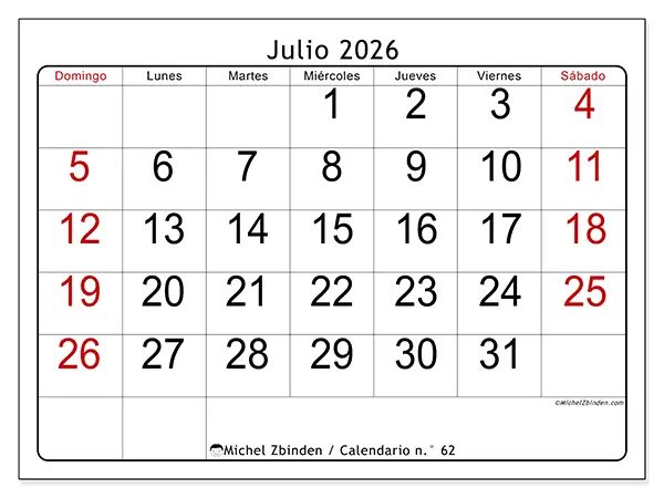Calendario de julio de 2026 para imprimir - Lectura rápida - Semana: de domingo a sábado