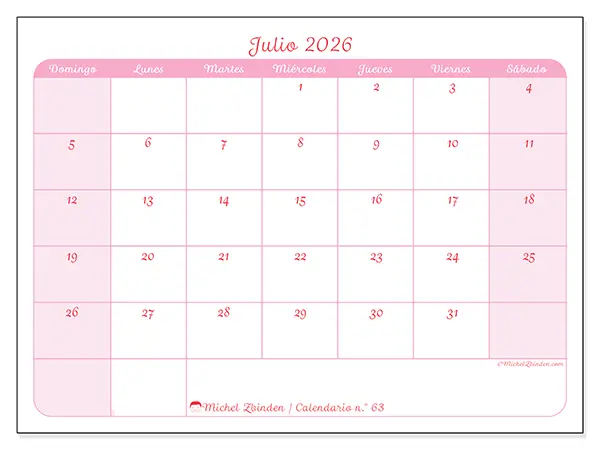 Calendario de julio de 2026 para imprimir - Organización en suavidad - Semana: de domingo a sábado