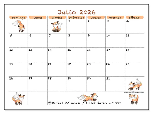 Calendario de julio de 2026 para imprimir - Dibujos de zorros - Semana: de domingo a sábado