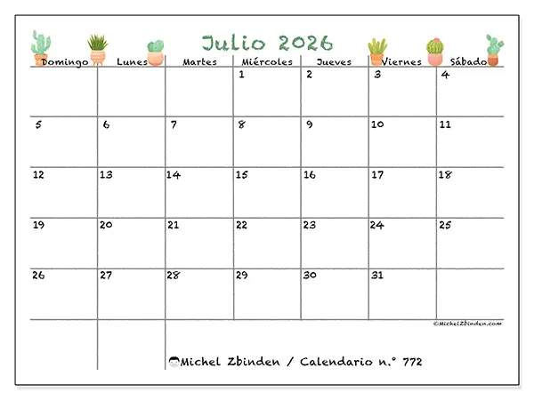 Calendario de julio de 2026 para imprimir - Cactus decorativos - Semana: de domingo a sábado