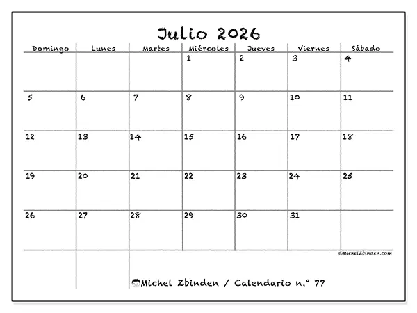 Calendario de julio de 2026 para imprimir - Escuela y familia - Semana: de domingo a sábado